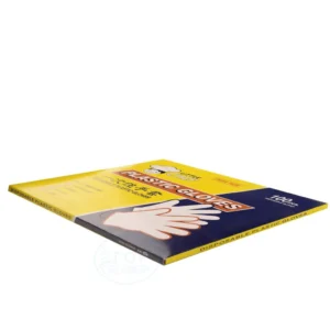Box of disposable plastic gloves with yellow and blue packaging, showing a hand illustration on the front