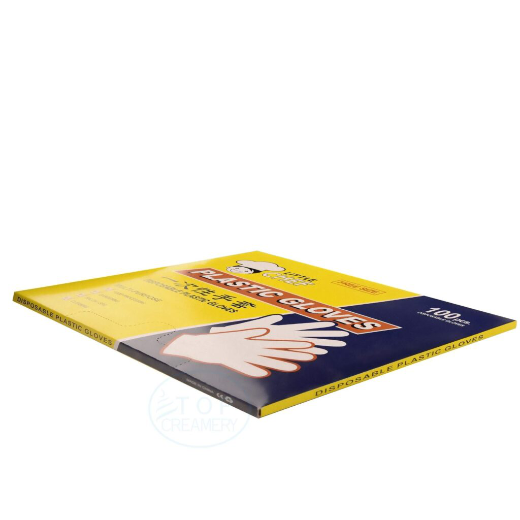 Box of disposable plastic gloves with yellow and blue packaging, showing a hand illustration on the front