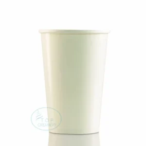 White disposable paper cup on a white background, no lid, standing on a reflective surface.