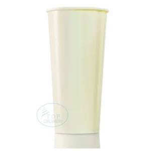 Tall cream-colored disposable cup with a lid on a white background.