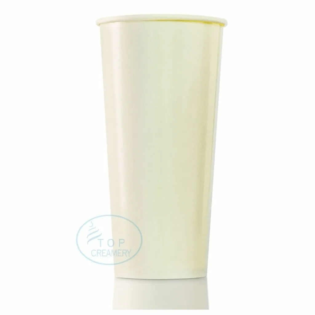 Tall cream-colored disposable cup with a lid on a white background.