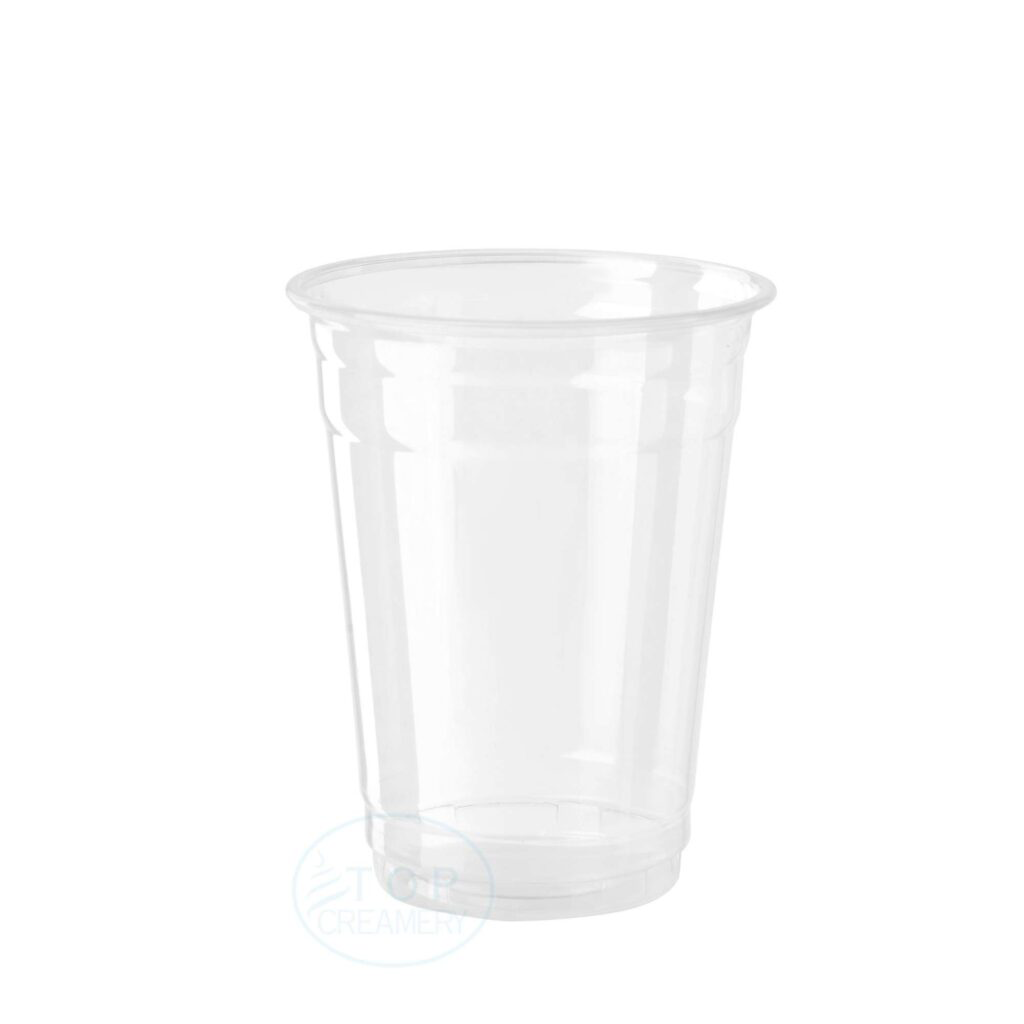 Clear plastic disposable cup, empty, with a rolled rim and tapered sides.