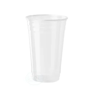 Clear, translucent plastic cup photographed against a white background, showing its tapered sides and rim edge.