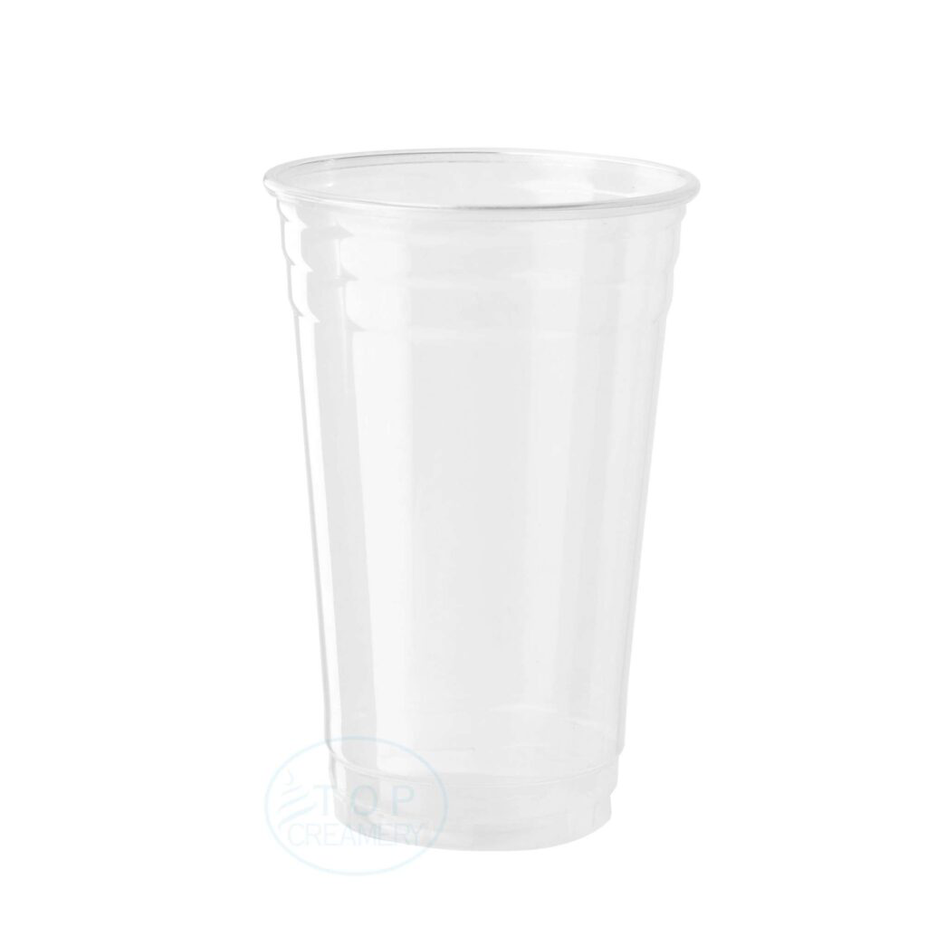 Clear, translucent plastic cup photographed against a white background, showing its tapered sides and rim edge.