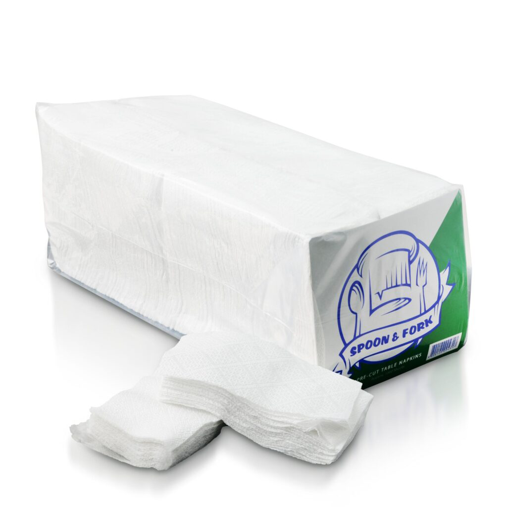 Pack of white paper towels with a blue Spoon & Fork logo on the side; a few towels are unfolded in front.