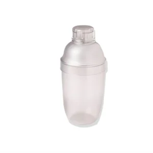 Clear plastic protein shaker bottle with a screw-on cap and flip-top lid, empty inside