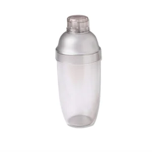 Transparent plastic shaker bottle with a metal screw-top cap for mixing drinks used in workouts; clear body shows contents.