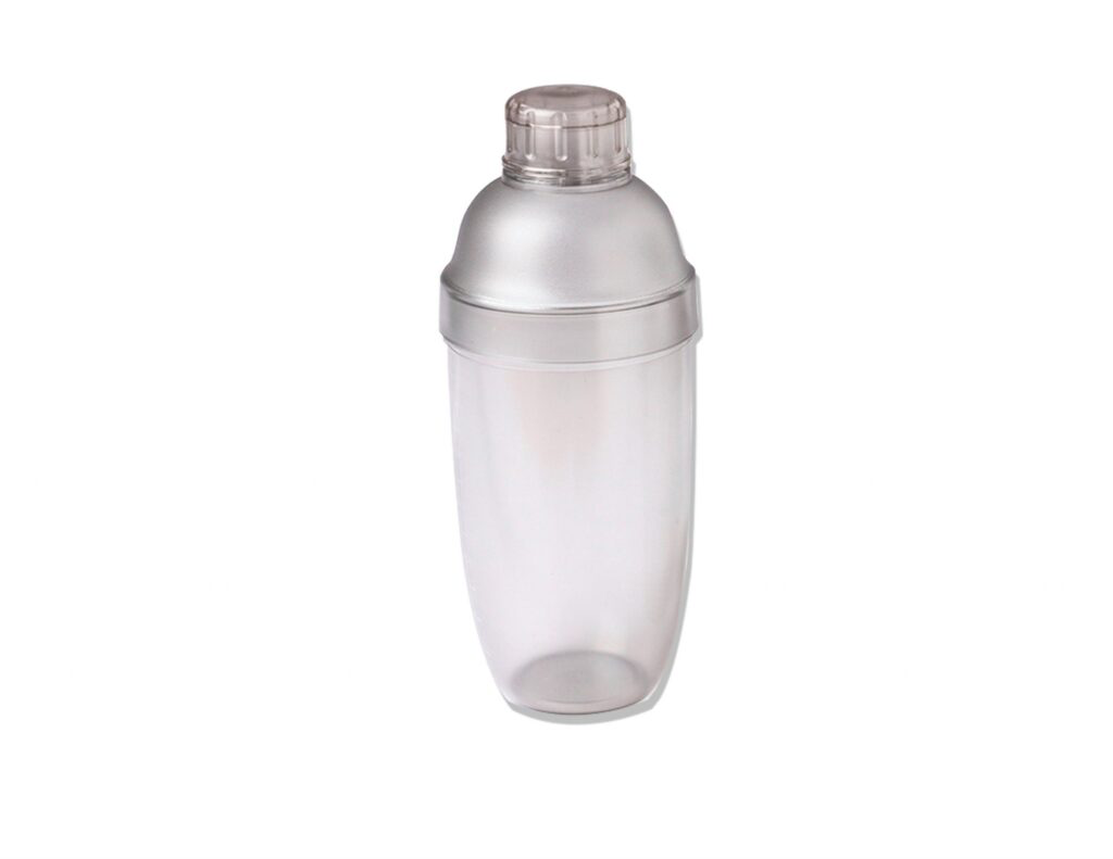 Transparent plastic shaker bottle with a metal screw-top cap for mixing drinks used in workouts; clear body shows contents.
