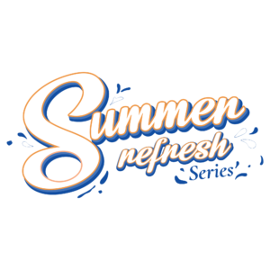 Partial view of a decorative graphic featuring a large white number 3 with orange and blue outlines and a blue drop shadow, plus cursive text reading 'summer' with similar styling and blue accents.