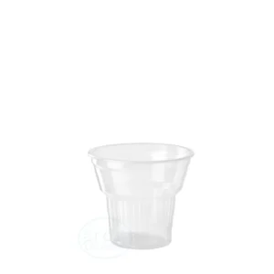 Clear disposable plastic cup with vertical ridges.