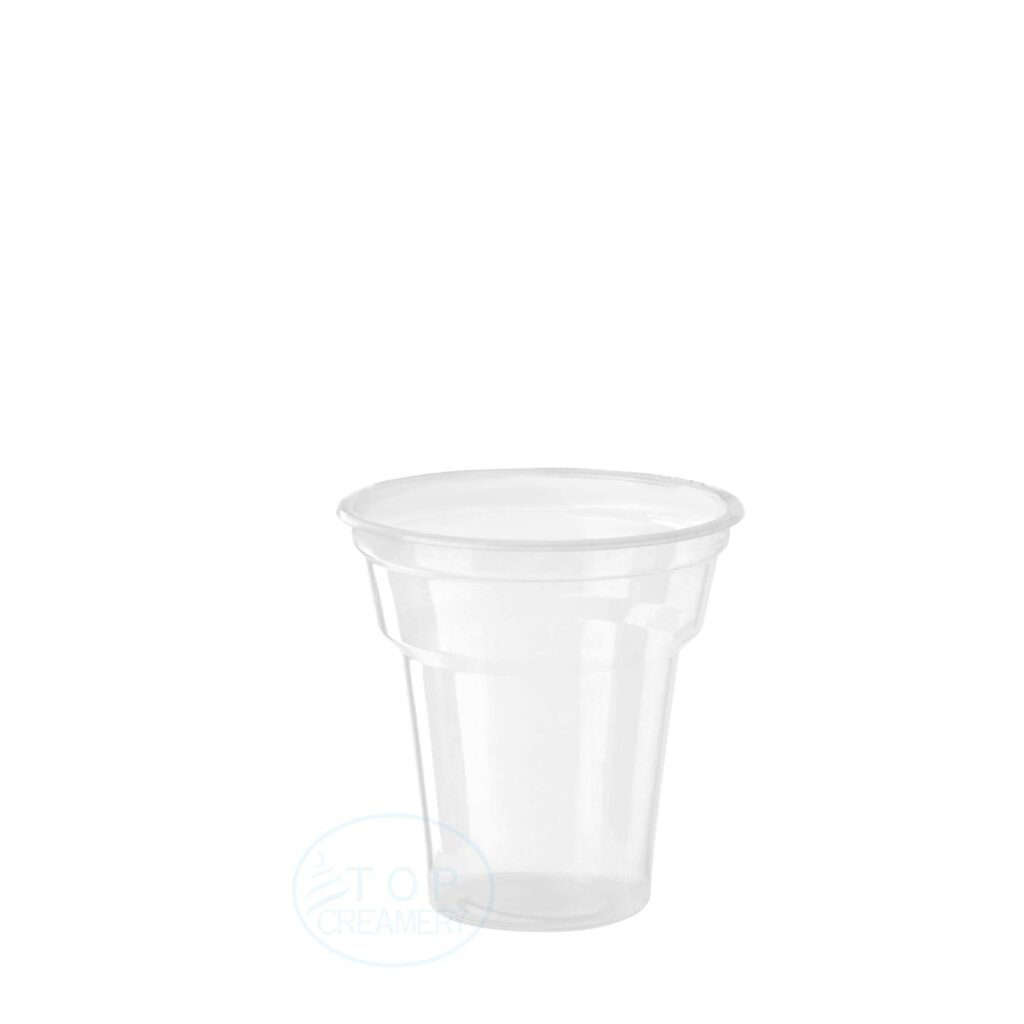 Clear disposable plastic cup with a flared rim, transparent and empty.