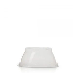 White plastic cup lid placed flat on a white background, showing the top edge and raised center dome.