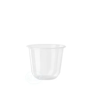 Clear disposable plastic cup with a wide, rounded rim, empty against a white background.