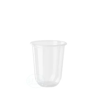 Clear disposable plastic cup, empty, with a tapered base and rim visible at the top.