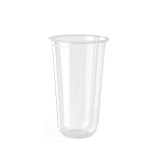 Clear disposable plastic cup with a flared rim, standing upright on a white background.