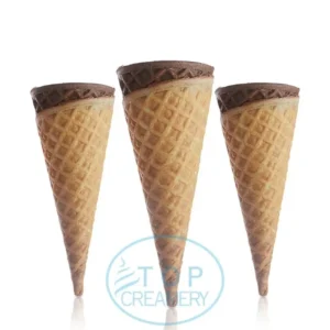 Three waffle cones with chocolate-dipped tops standing upright in a row on a white background, watermark visible at bottom edge.