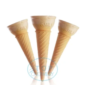 Three waffle cones arranged in a fan shape with a light blue circular watermark reading 'ICE CREAMERY'