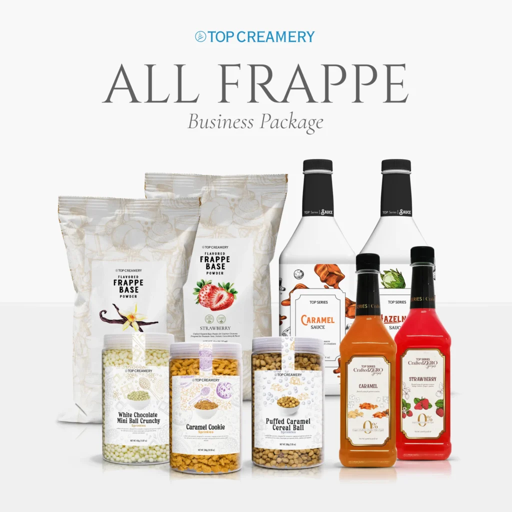 Top Creamery All Frape product lineup: frappé base powders in bags and bottled sauces.