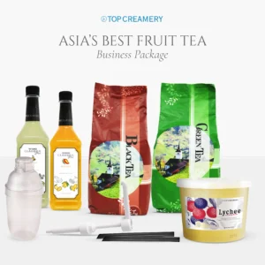 Brand header reading TOP CREAMERY with beverage and tea packaging in a product lineup, showing bottles and fruit tea bags/ribbons.