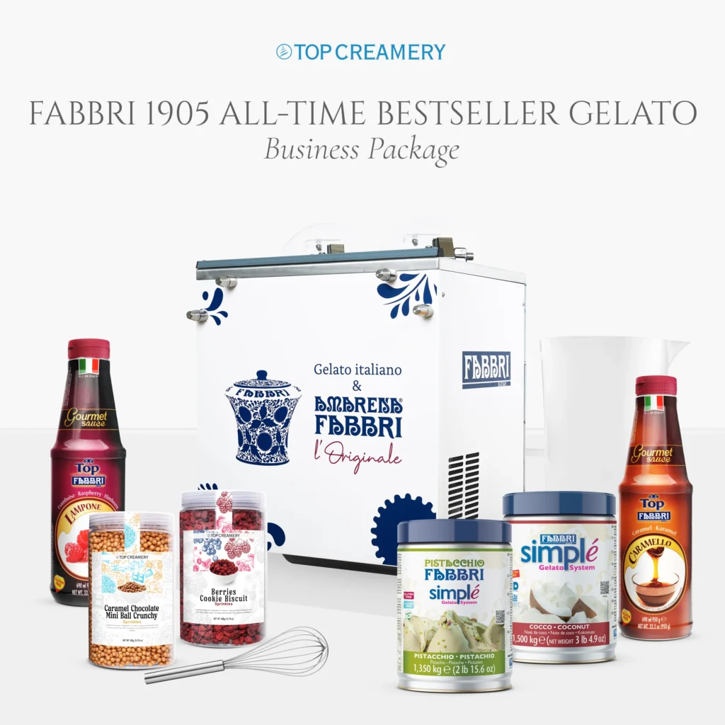 Display of FABBRI gelato business package with assorted toppings, syrups, and packaging bottles surrounding a central white box logo.