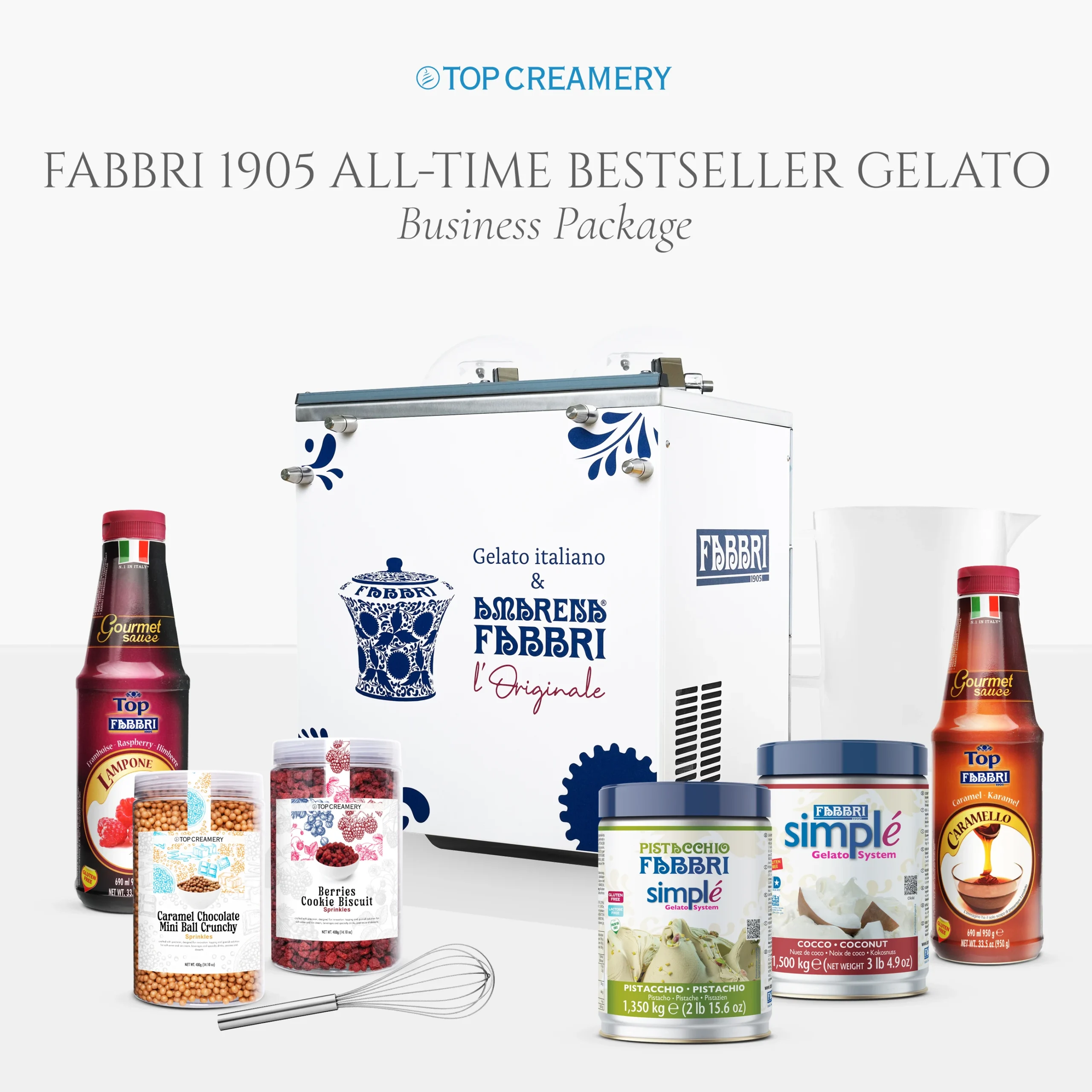 Display of FABBRI gelato business package with assorted toppings, syrups, and packaging bottles surrounding a central white box logo.