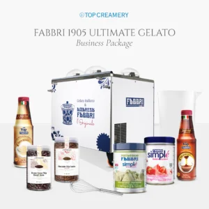 Assorted Italian dessert products and gelato packaging surrounding a silver Fabbri-branded freezer.