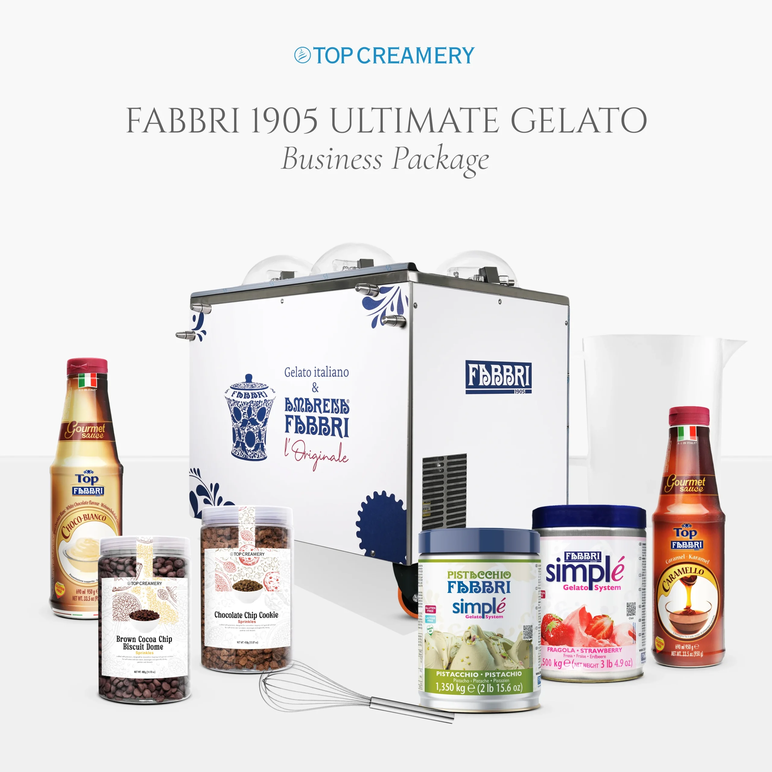 Assorted Italian dessert products and gelato packaging surrounding a silver Fabbri-branded freezer.