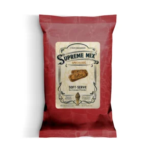 Red stand-up pouch with a beige label that says 'Supreme Mix' and 'Speculoos' (Top Creamery), a soft-serve ice cream mix package.