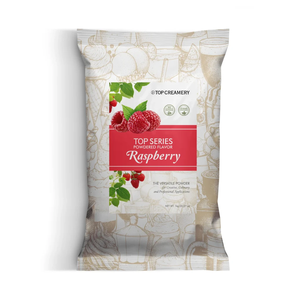 Bag of Top Creamery raspberry powder with fresh raspberries on a red label