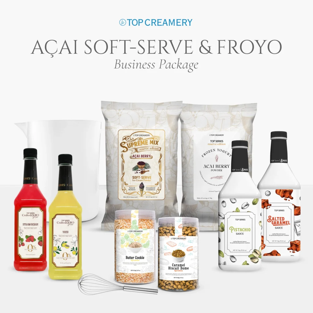 Assorted Top Creamery food products including sauce bottles, spice jars, and packaged powders arranged on a white background.