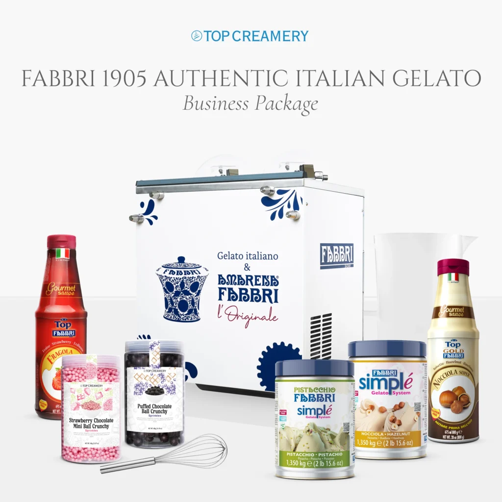 Collage of gelato products and syrups (tubs, bottles, and mix-ins) with Fabbri branding on a white background.