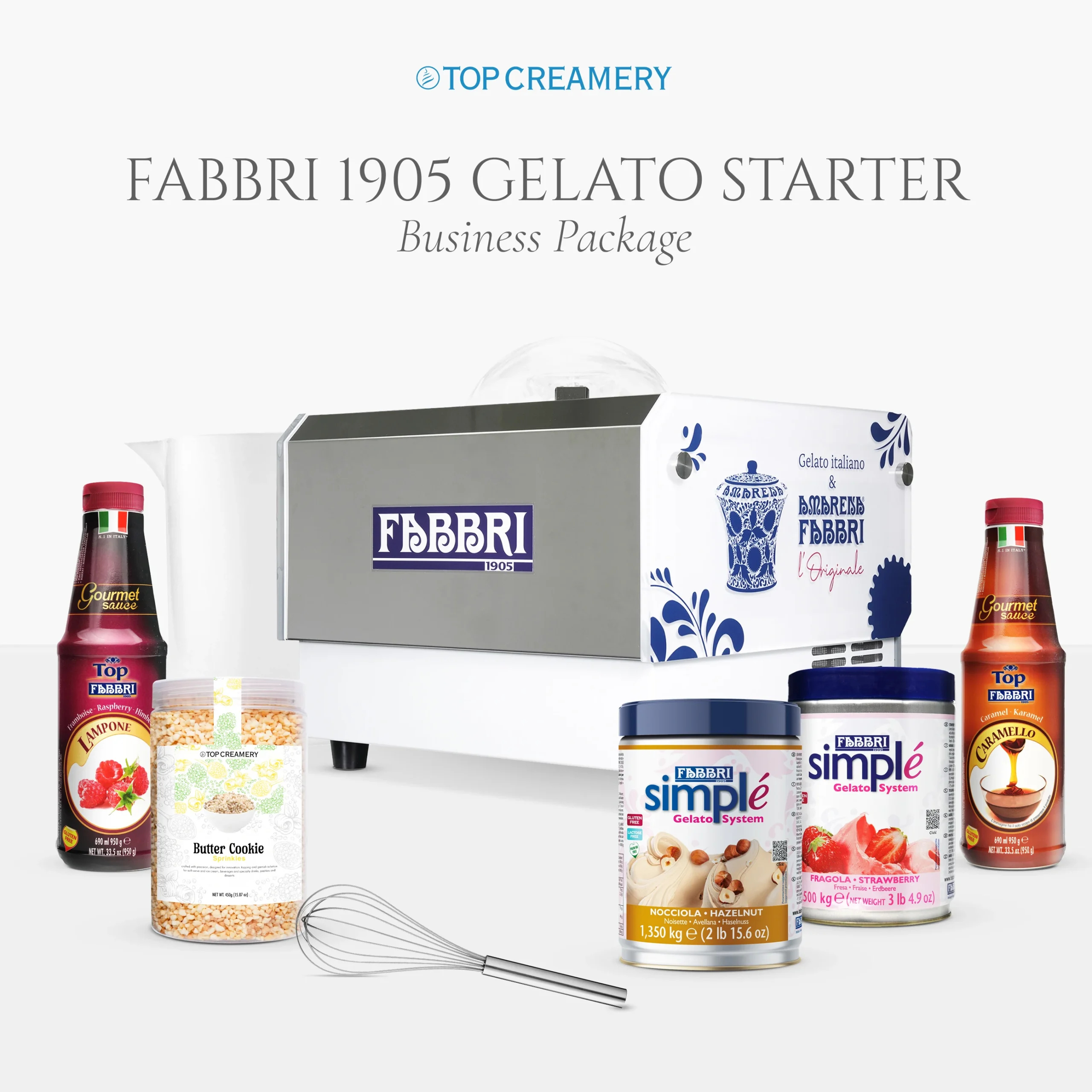 Fabbri 1905 Gelato Starter Business Package featuring a stainless steel freezer surrounded by gelato flavors, jars, and bottles.