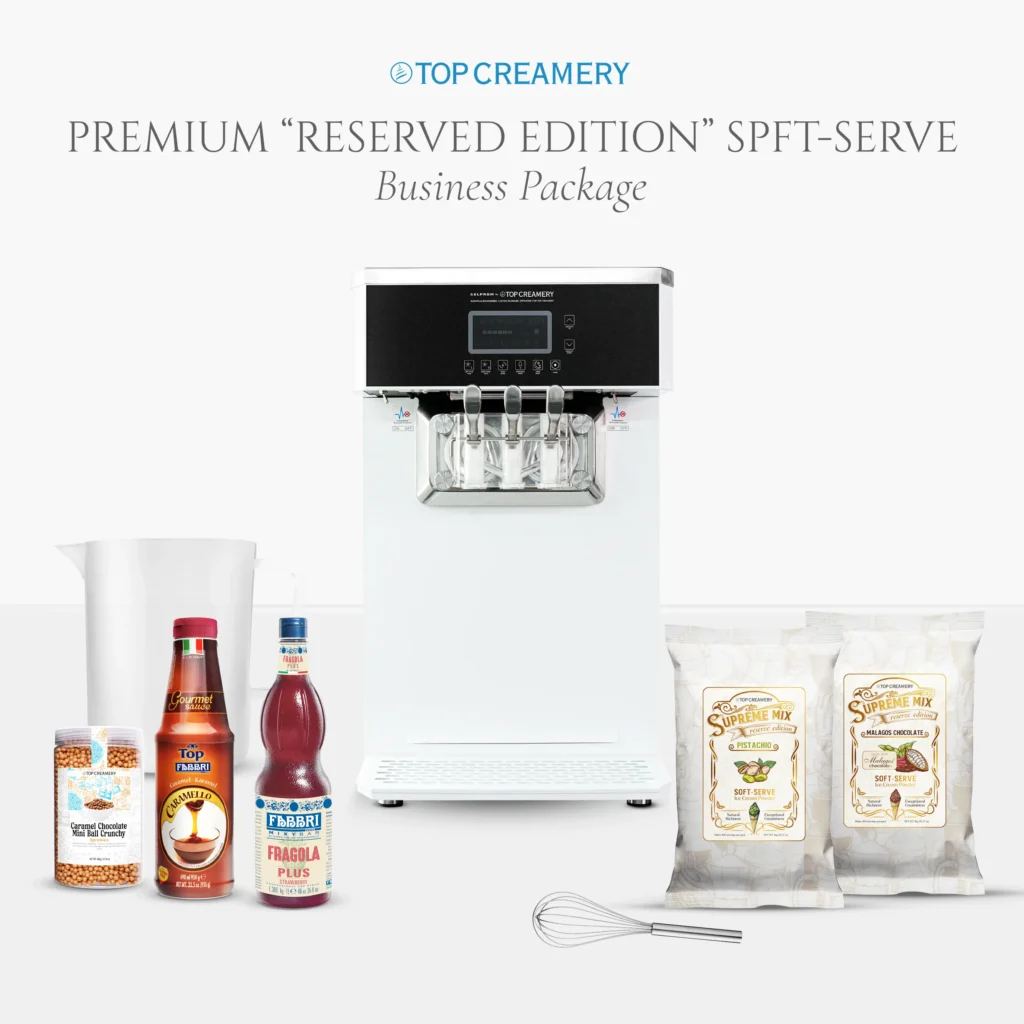 Promotional image showing a Top Creamery premium 'Reserved Edition' machine with assorted bottles and baking ingredients on a white surface.
