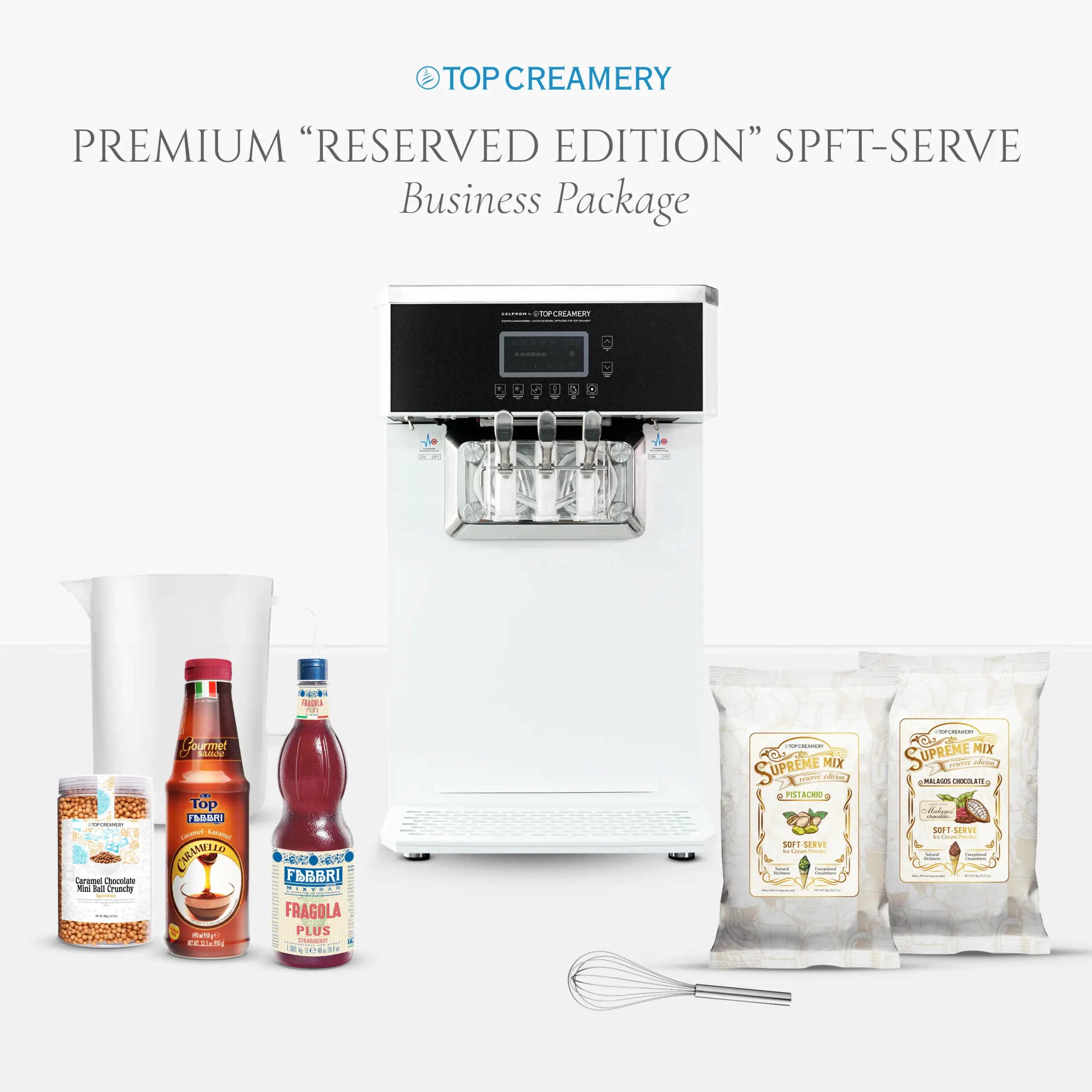 Promotional image showing a Top Creamery premium 'Reserved Edition' machine with assorted bottles and baking ingredients on a white surface.