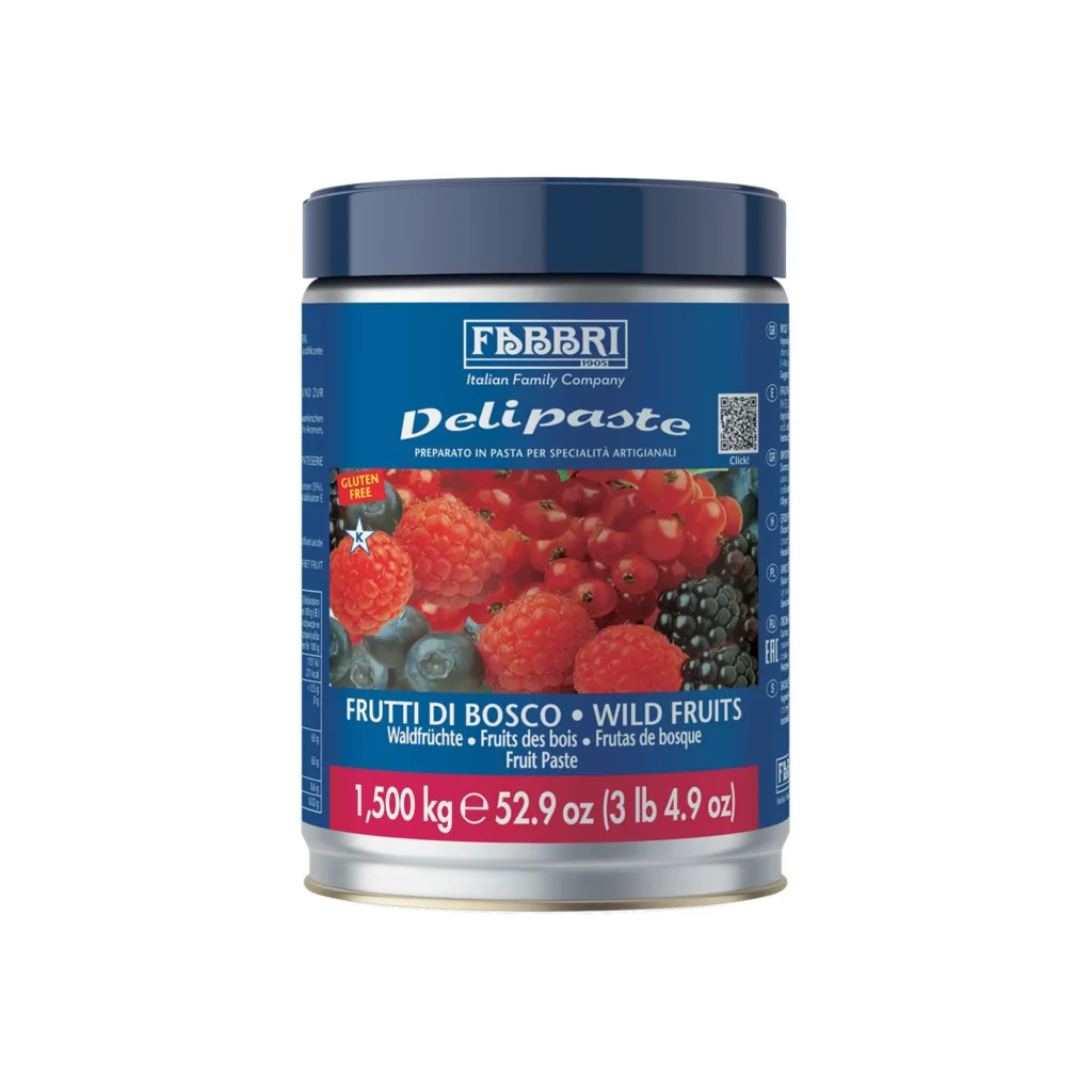 Blue jar of FabbrI Frutti di Bosco wild fruits paste, with a berry image on the label and a dark blue lid edge visible.