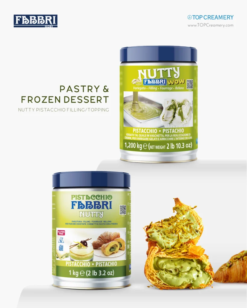 FABBri Nutty Pistachio filling jar with blue lid beside text 'Pastry & Frozen Dessert' on white background (advertisement)