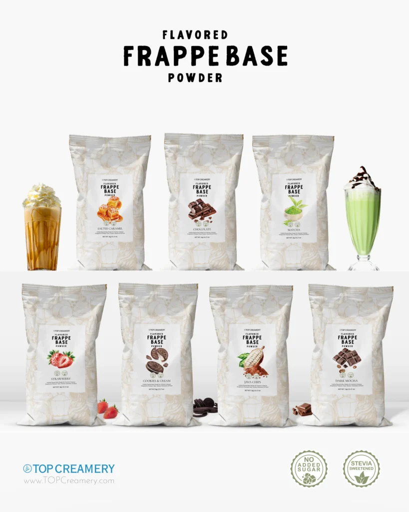 Display of flavored frappe base powder pouches with milkshake drinks on sides; banner reads 'Flavored Frappe Base Powder'—product lineup by Top Creamery.
