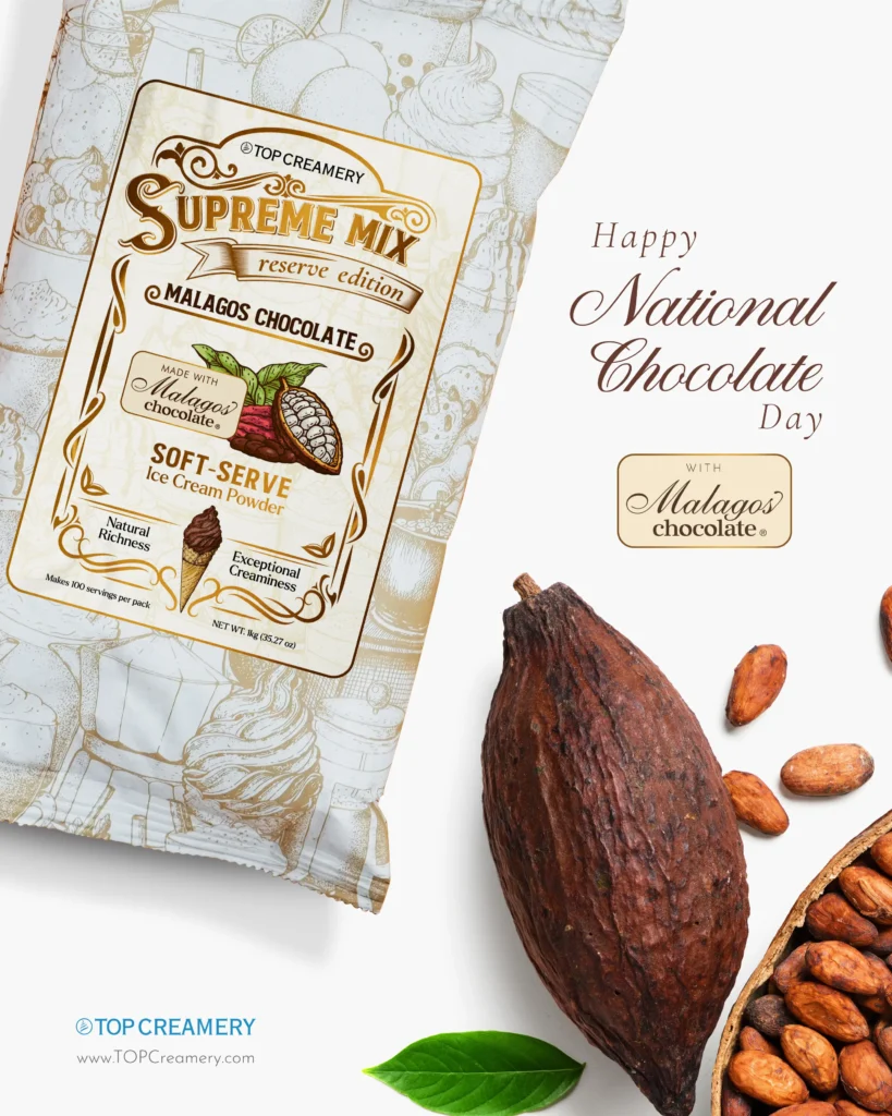 Close-up of a chocolate packaging labeled 'Supreme Mix' by Top Creamery, with cocoa beans and a cocoa pod nearby on a white background.