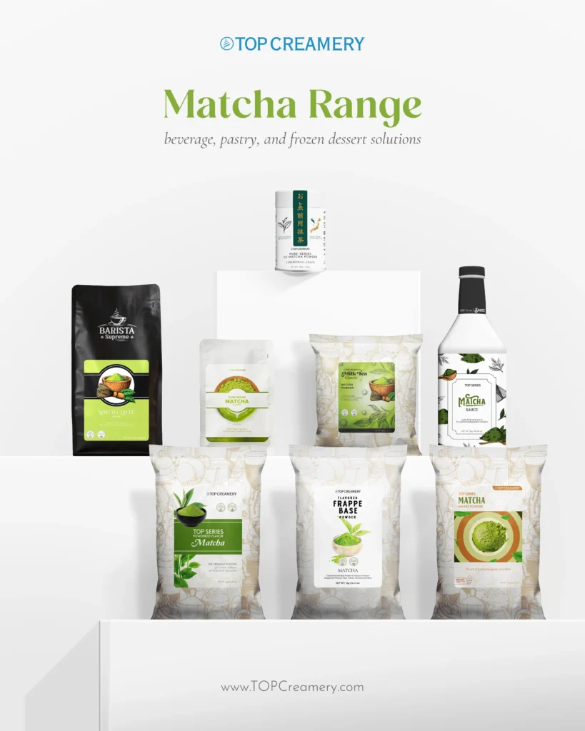 Display of TOP Creamery matcha products in a white showroom with multiple bags and bottles arranged on platforms