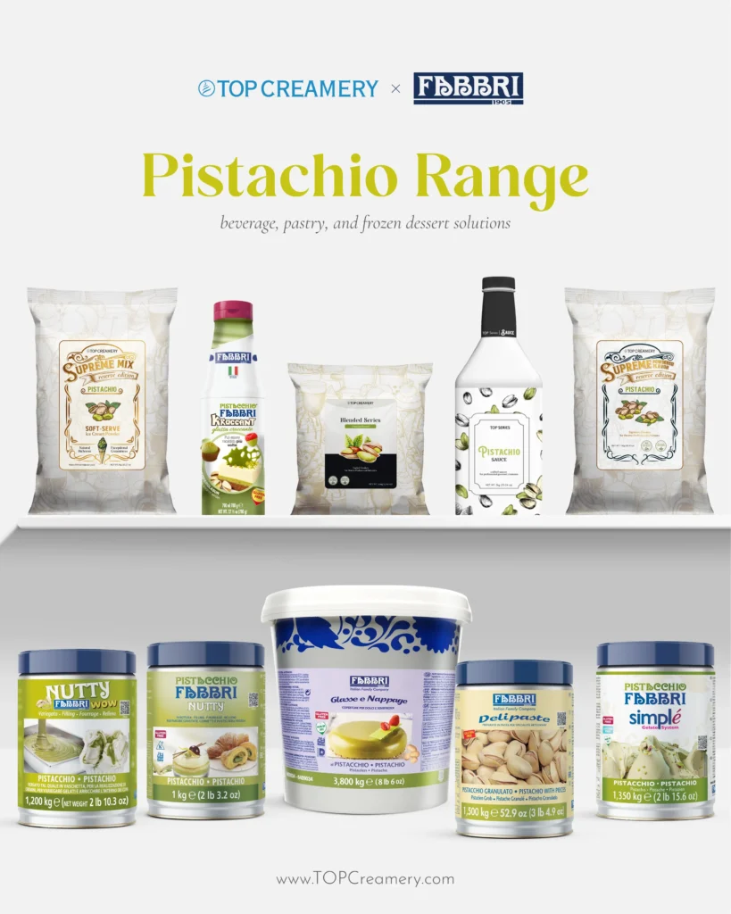 Top Creamery Pistachio Range product display: pistachio ice creams, sauces, and snacks on a shelf with brand logos above.