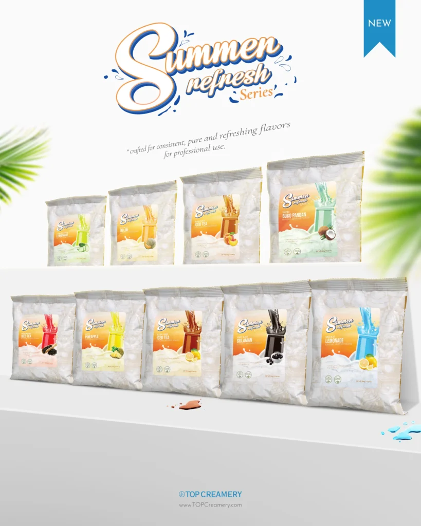 Promotional image showing Summer Refresh Series product pouches lined up, with a large logo and 'NEW' ribbon top right; bottom shows TOP CREAMERY branding.