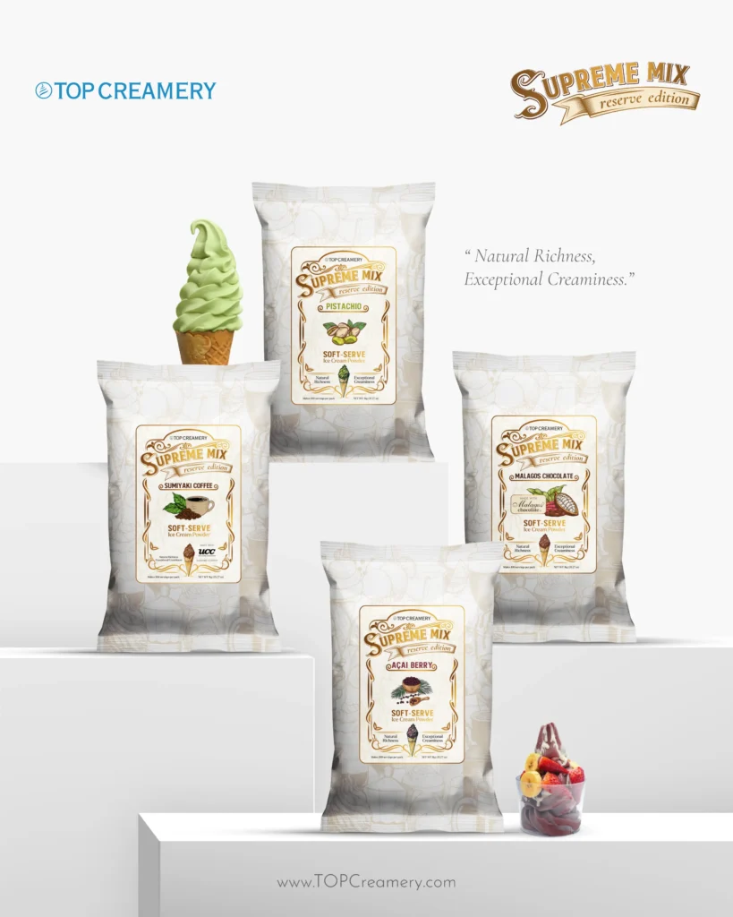 Assorted TOP Creamery Supreme Mix ice cream powder bags on a white backdrop, with a green pistachio ice cream cone to the left.