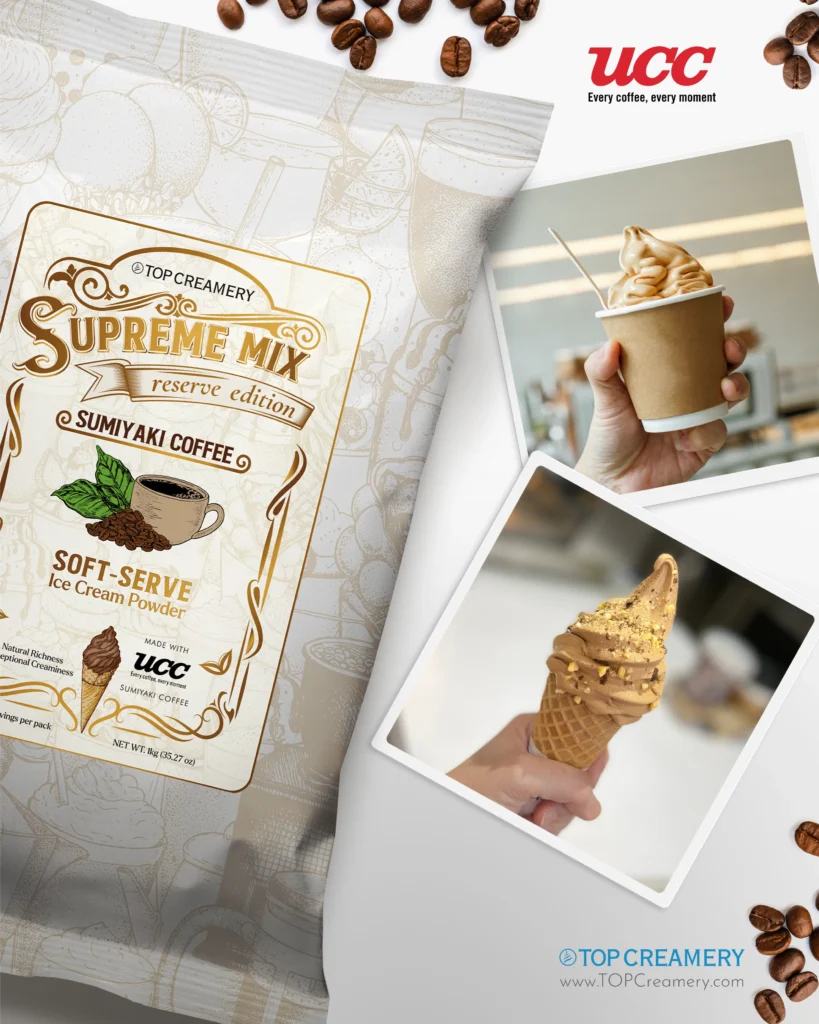 Promotional collage showing Top Creamery ice cream powder packaging with coffee imagery and photos of a soft-serve ice cream cone, plus UCC logo in the corner.